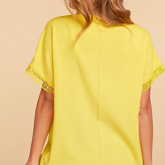 Yellow Crepe Crochet Yoke Dolman Sleeve Top - Picture 3 of 4